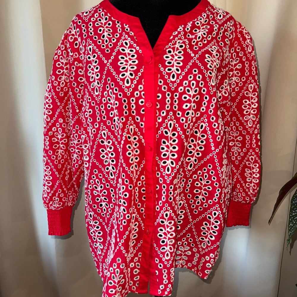 CAbi Red and White “eyelet” Button Up Top